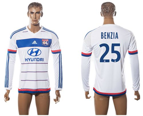 Lyon #25 Benzia Home Long Sleeves Soccer Club Jersey - Click Image to Close
